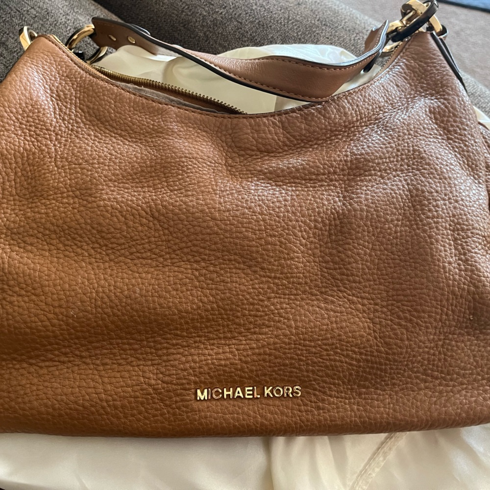 Michael Kors Isabella Tan Brown pebbled soft leather zip hobo bag
